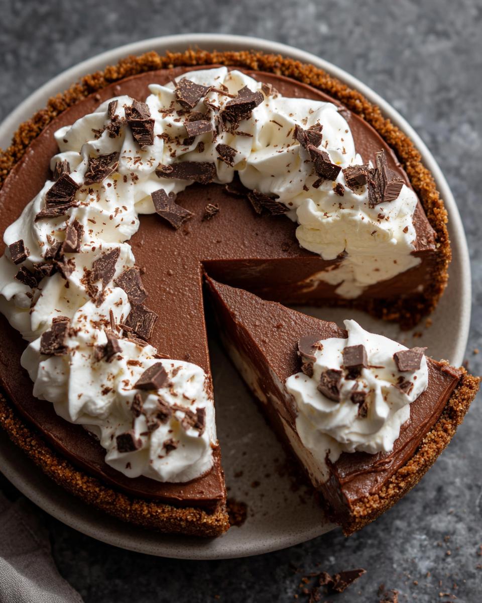 Overhead view of a sliced Classic Chocolate Cream Pie topped with whipped cream and chocolate shavings.