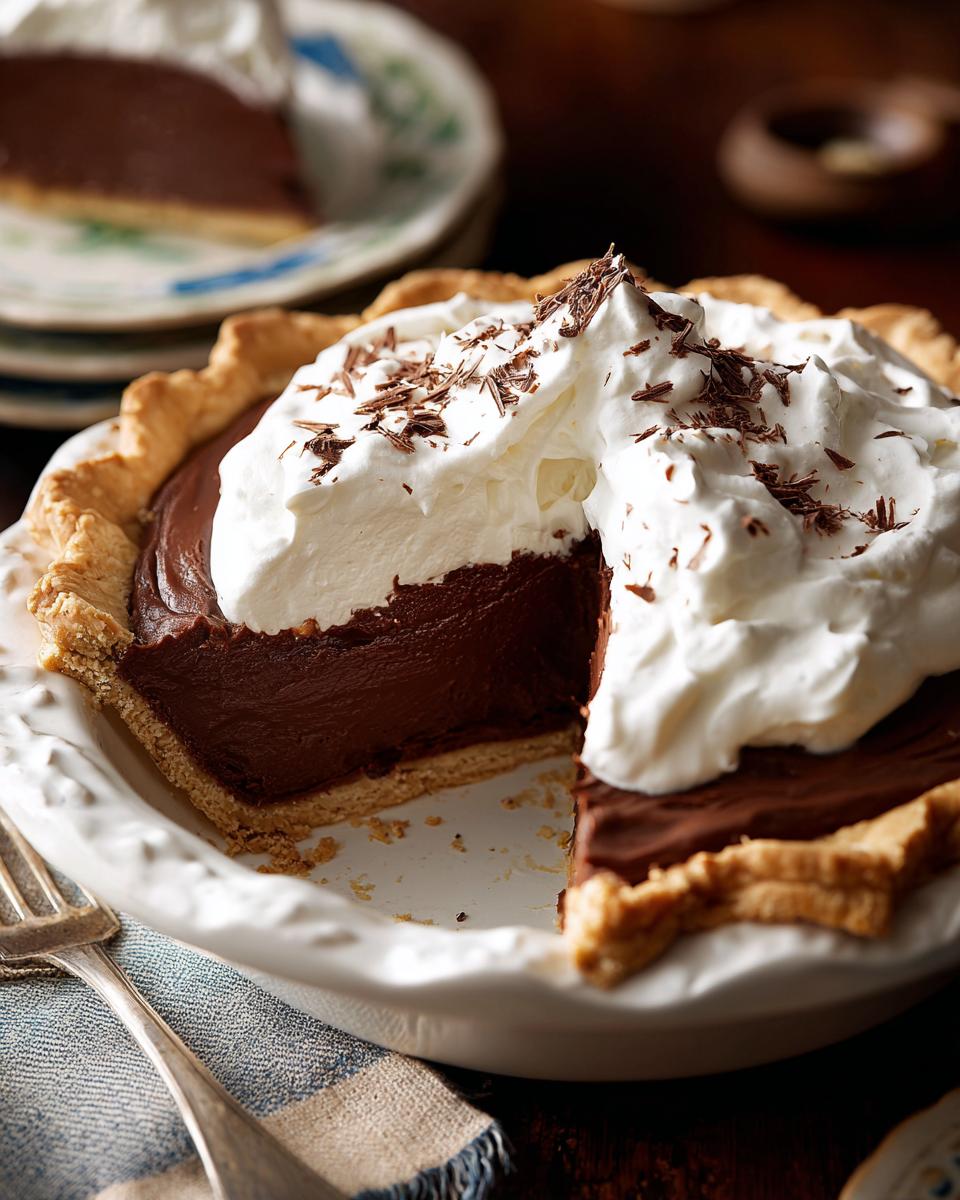 A slice removed from The Best Classic Chocolate Cream Pie, topped with whipped cream and chocolate shavings.