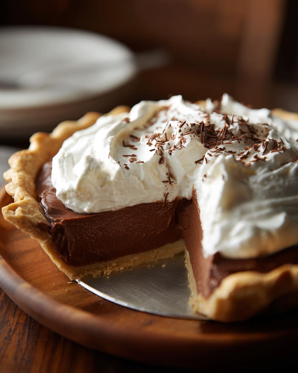 A slice of classic chocolate cream pie with whipped topping and chocolate shavings on a wooden plate.