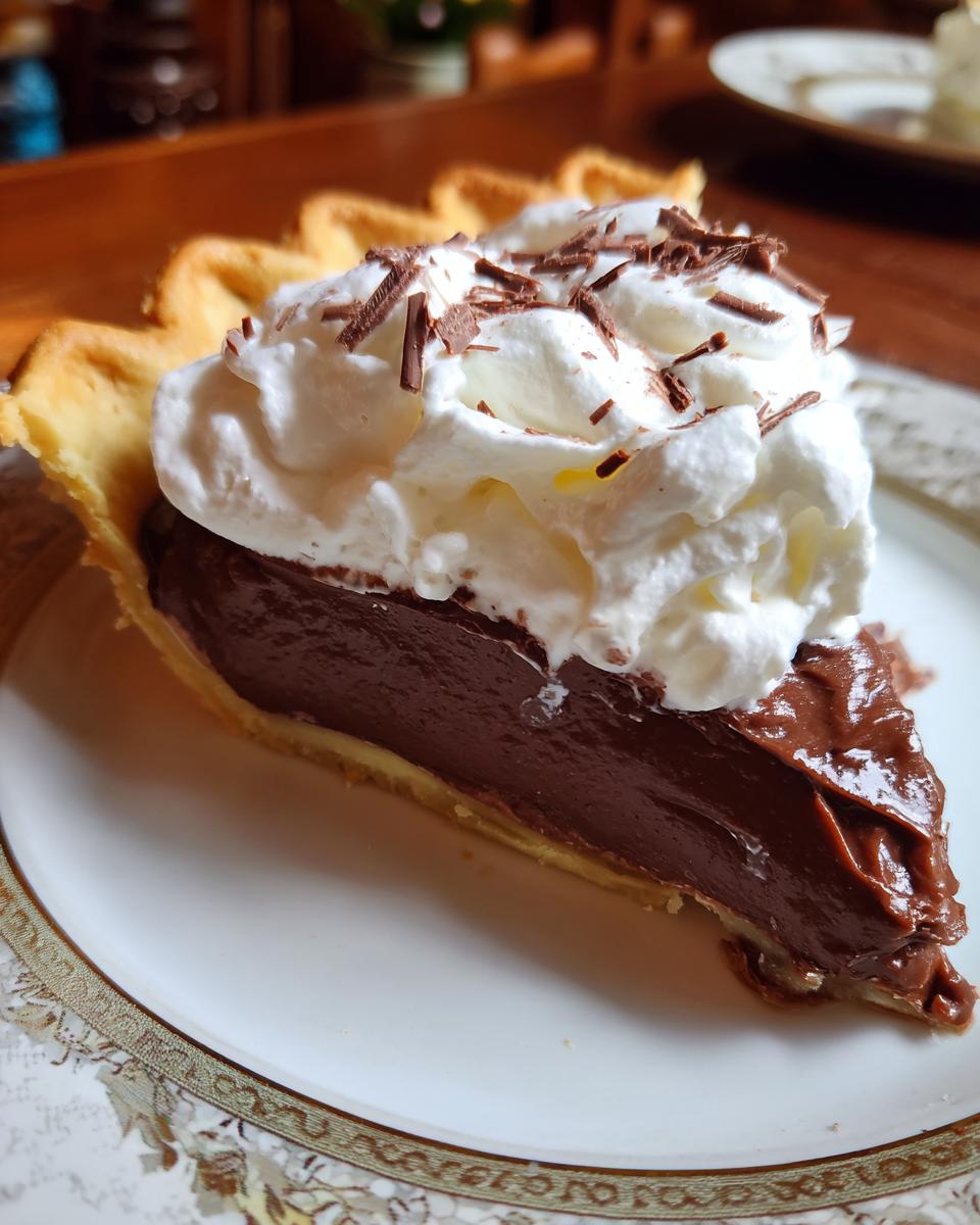 A slice of The Best Classic Chocolate Cream Pie, topped with whipped cream and chocolate shavings.