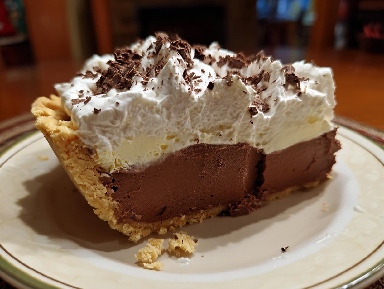 A slice of Classic Chocolate Cream Pie with chocolate filling, custard layer, whipped cream topping, and chocolate shavings.