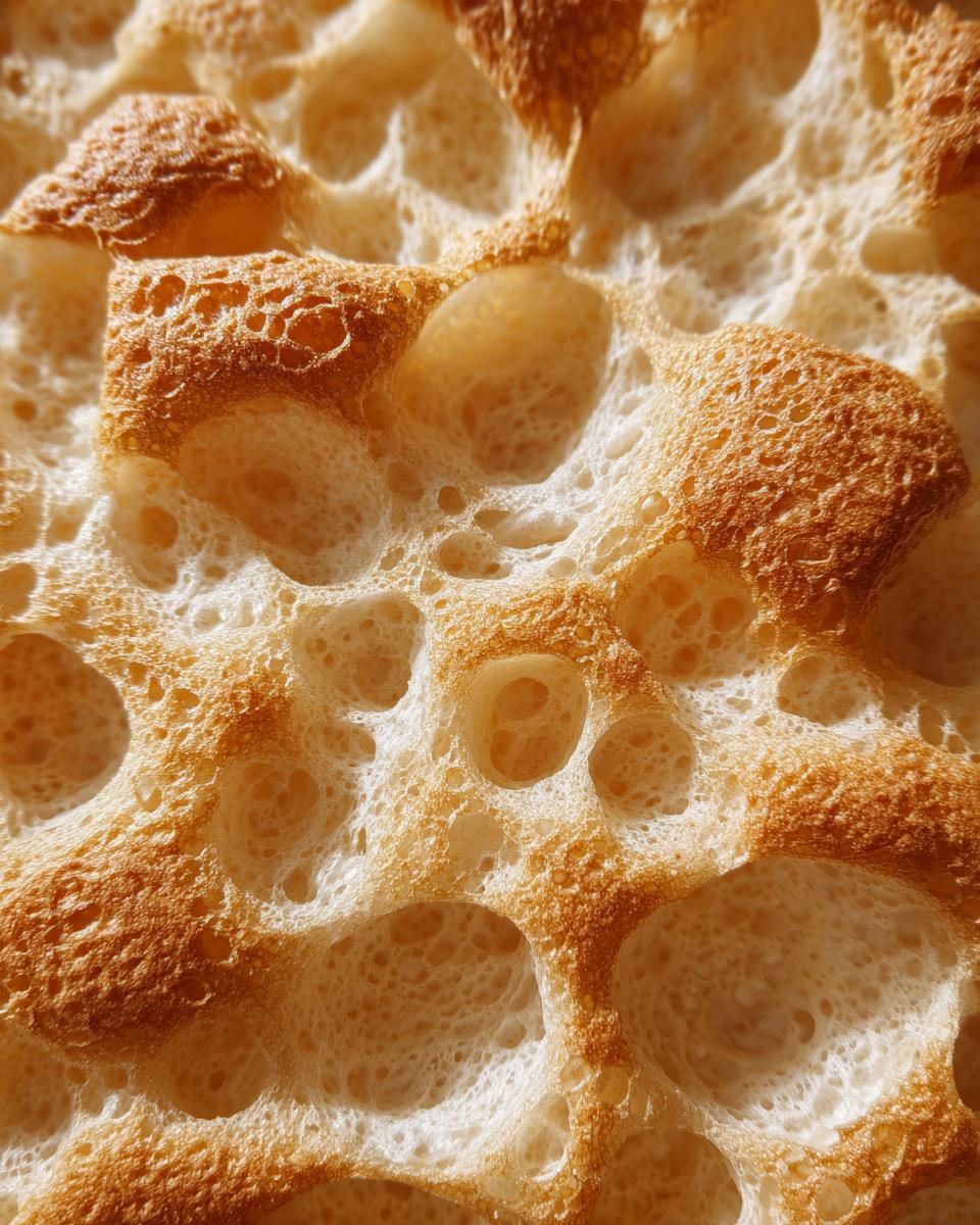 Extreme close-up of baked Cloud Bread, showing its airy texture and golden-brown peaks.