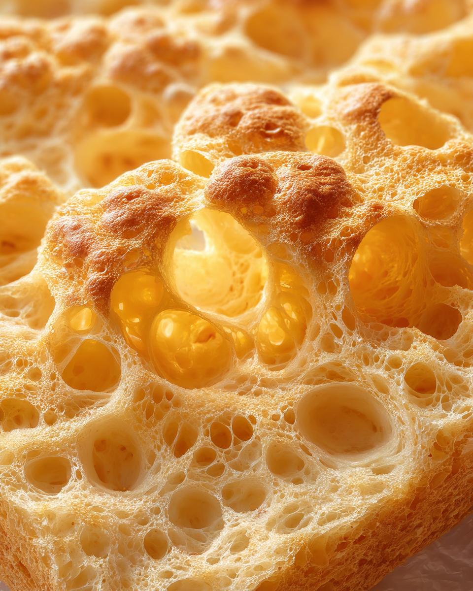 Extreme close-up showing the airy, porous texture of golden Cloud Bread.