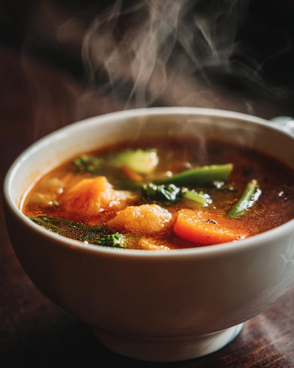 A steaming bowl of 35-Min Coconut Curry Soup with vegetables, showcasing its rich color and texture.