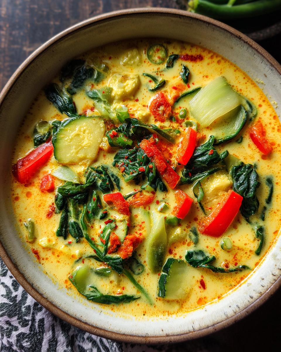 Overhead shot of a bowl of vibrant 35-Min Coconut Curry Soup with vegetables and creamy broth.
