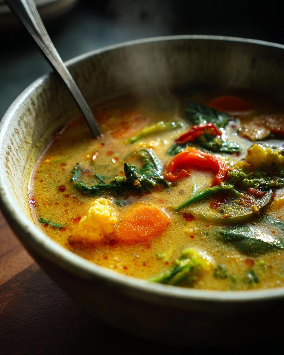 Close-up of a bowl of steaming 35-Min Coconut Curry Soup with vegetables and a spoon.