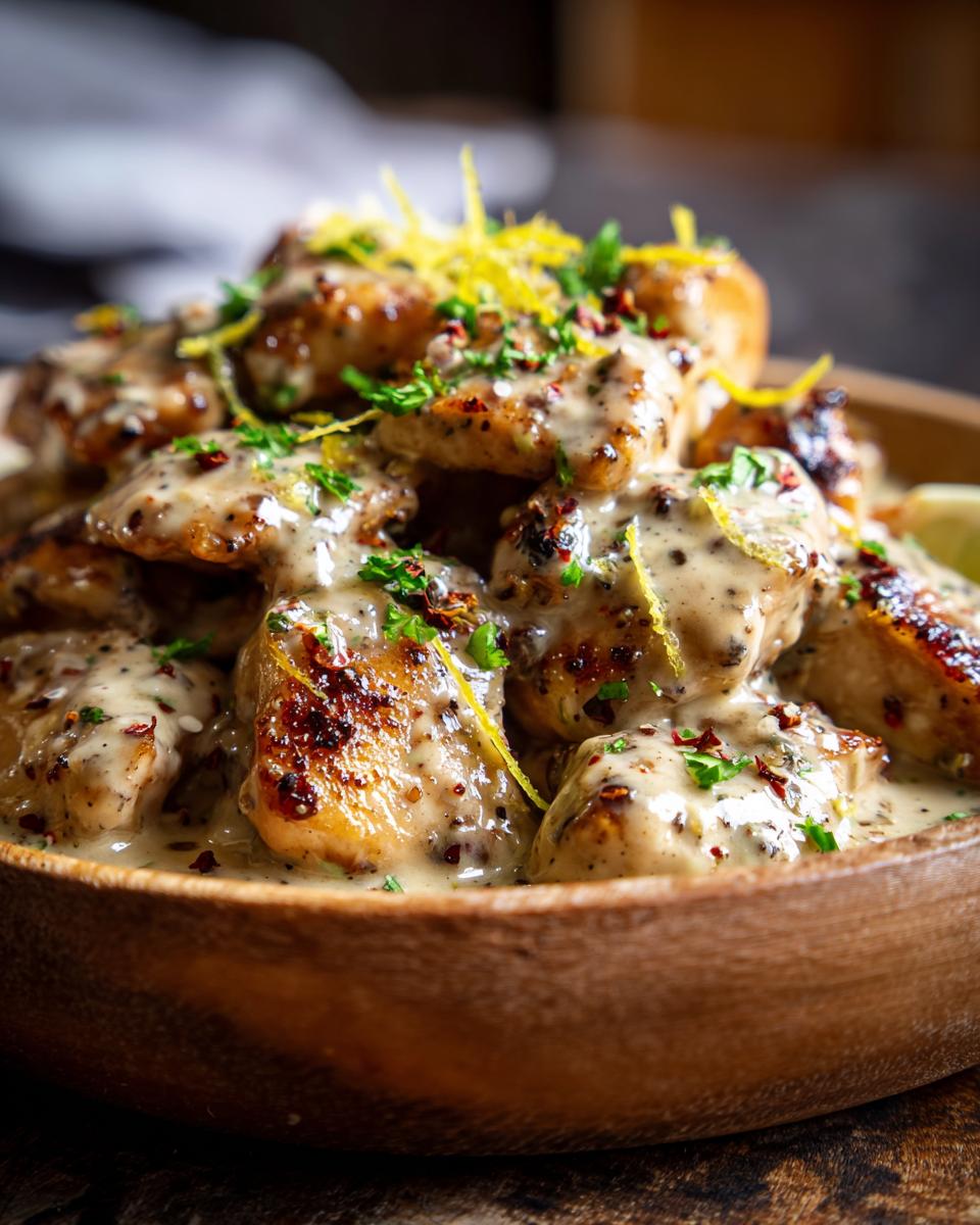 Close-up of Coconut Lime Chicken in a wooden bowl, garnished with lime zest and herbs.