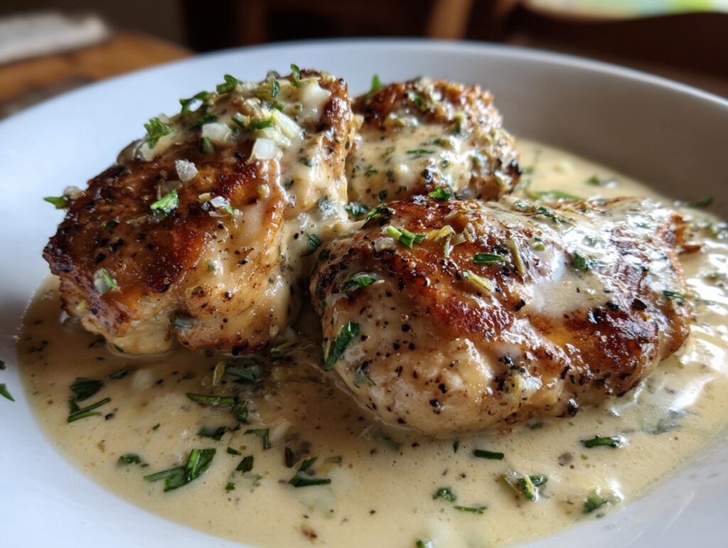Three pieces of Coconut Lime Chicken covered in a creamy sauce and garnished with herbs.