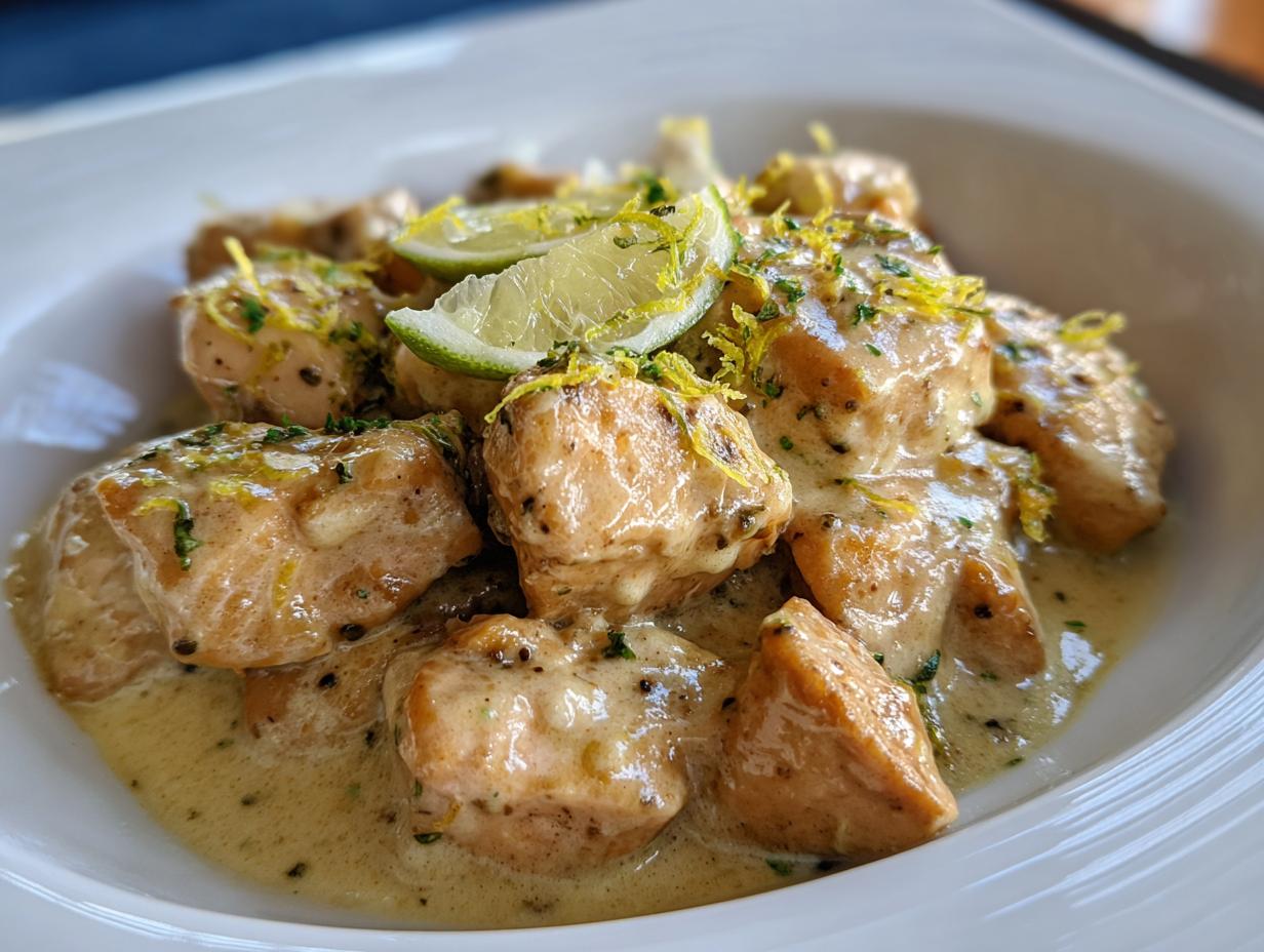 Close-up of creamy Coconut Lime Chicken pieces garnished with lime wedges and zest in a white bowl.