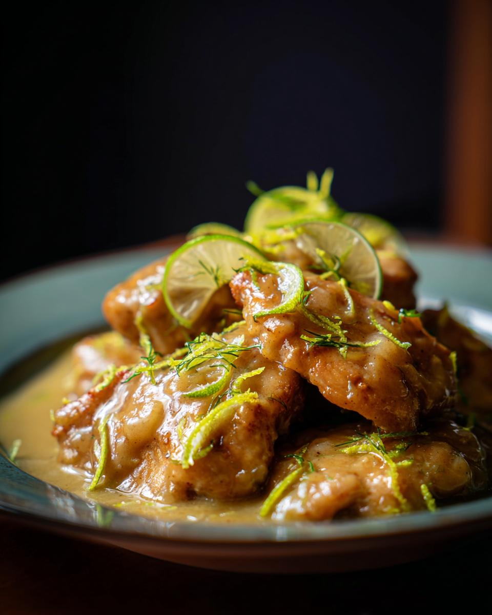Close-up of Coconut Lime Chicken on a plate, garnished with fresh lime slices and zest.