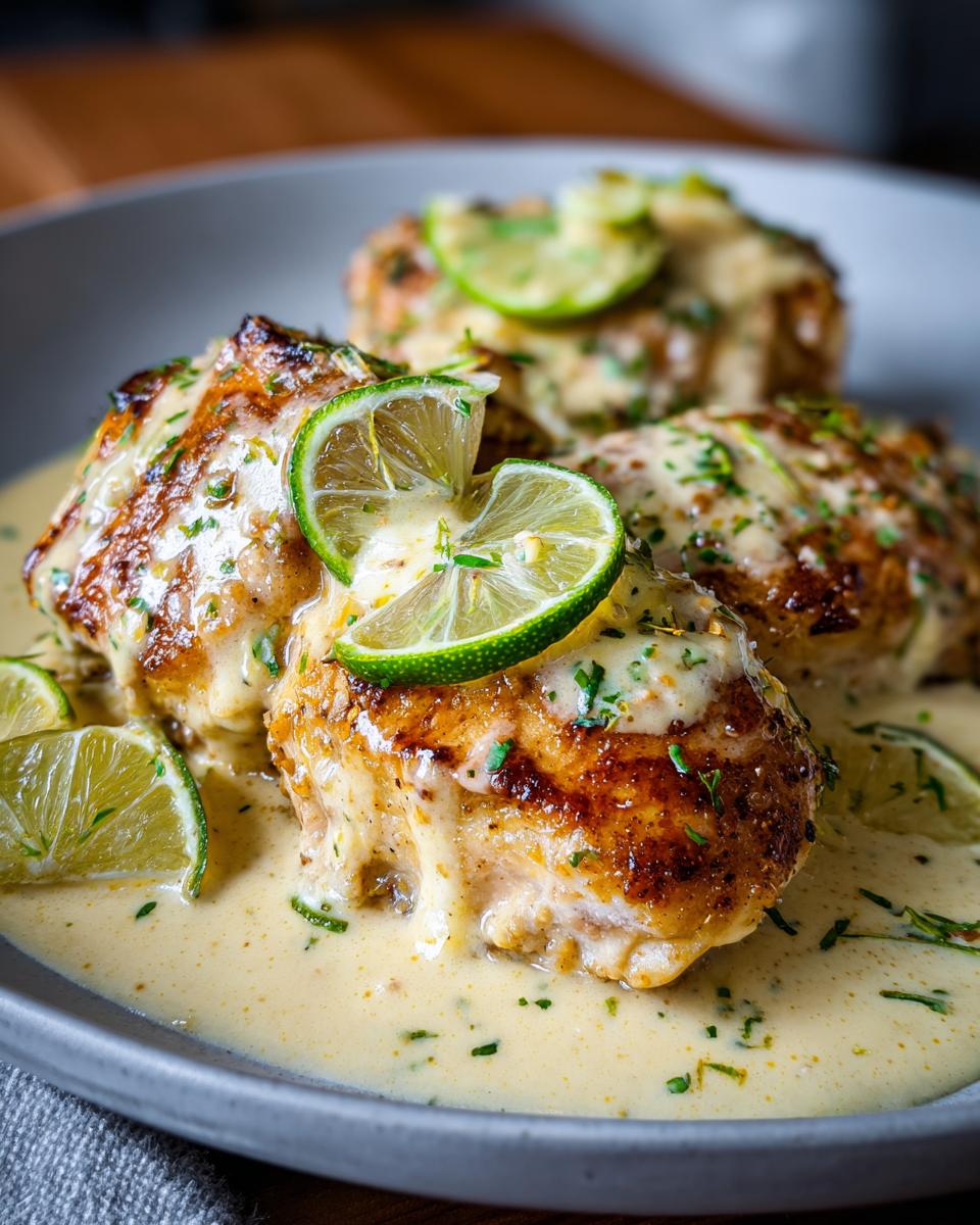 Three pieces of Coconut Lime Chicken on a plate, garnished with lime slices and herbs, covered in creamy sauce.