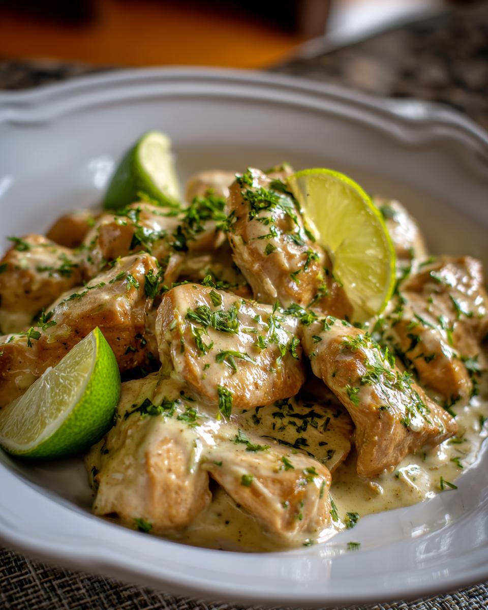 Close-up of Coconut Lime Chicken garnished with fresh lime wedges and herbs on a white plate.