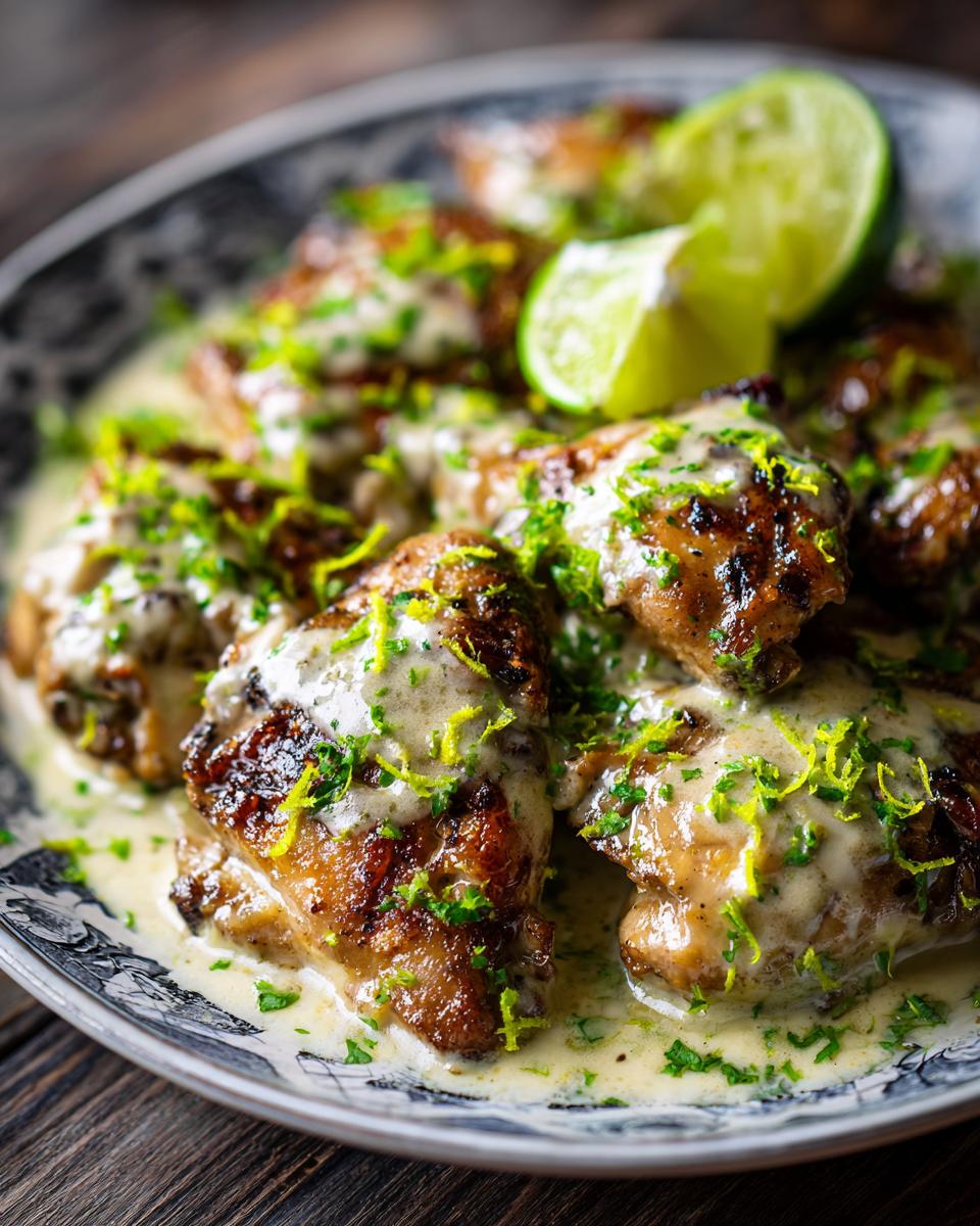 Close-up of Coconut Lime Chicken pieces on a plate, topped with sauce, lime zest, and lime wedges.