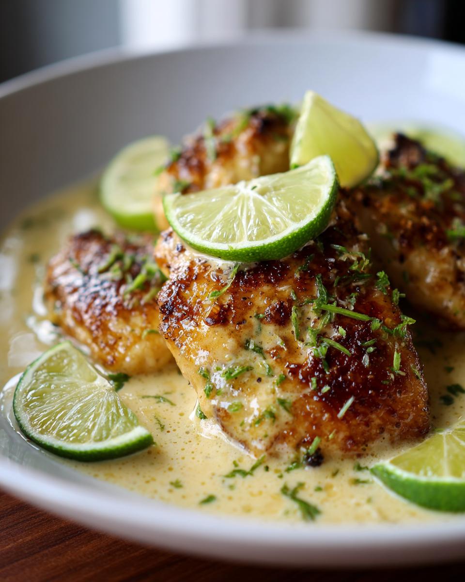 Close-up of Coconut Lime Chicken in a creamy sauce, garnished with fresh lime wedges and herbs.