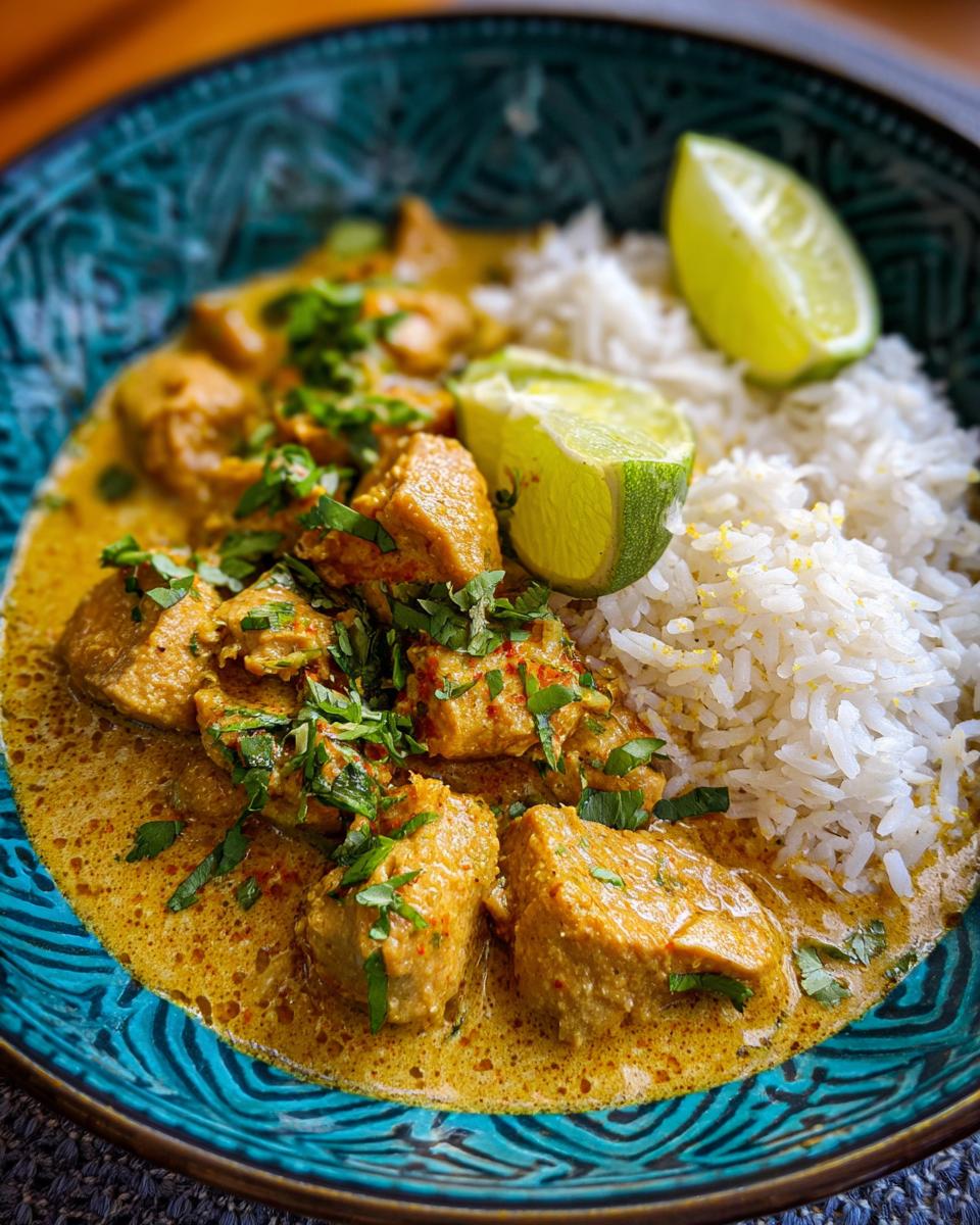 A bowl of Coconut Lime Chicken with rice and fresh lime wedges, garnished with herbs.