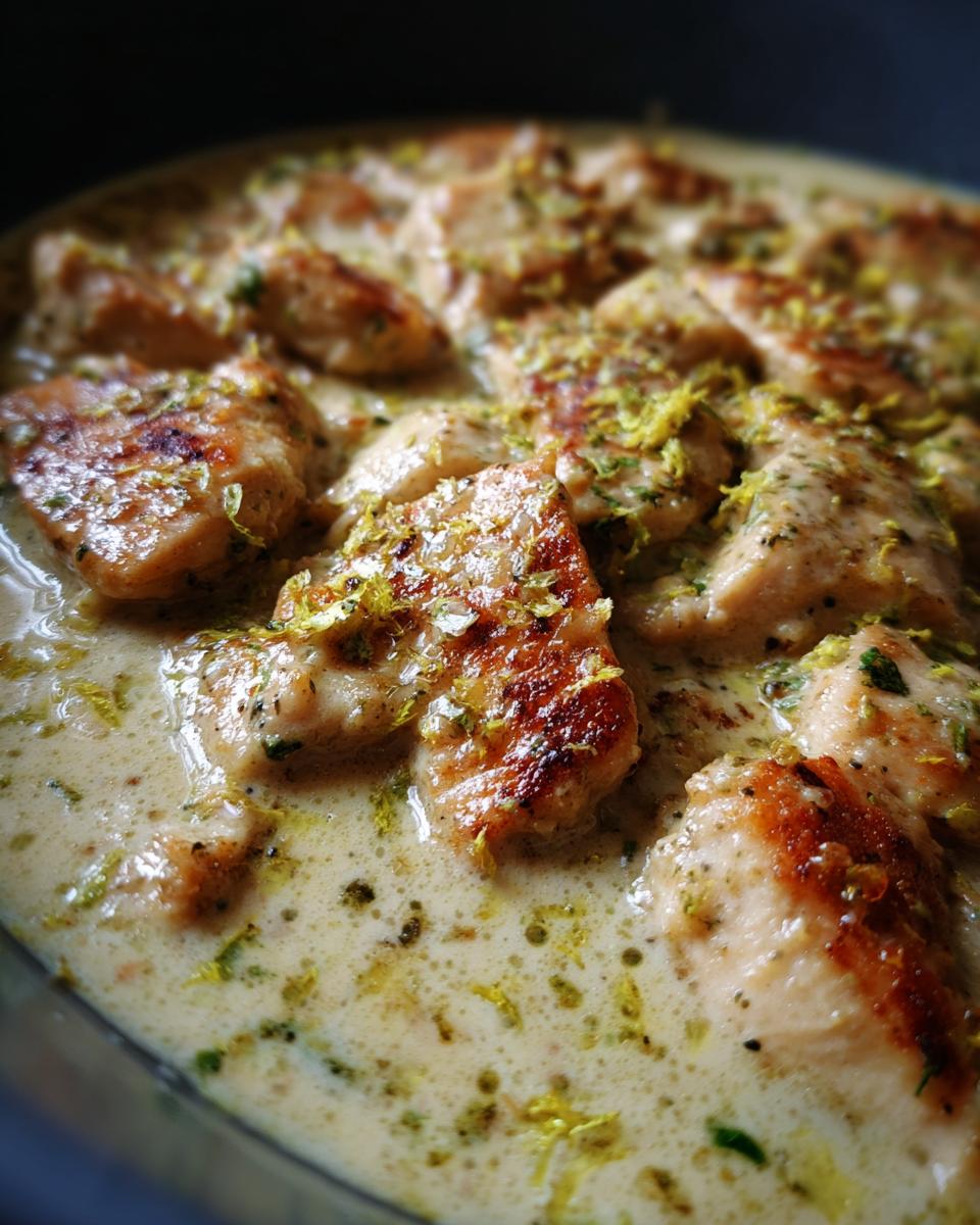 Close-up of Coconut Lime Chicken pieces in a creamy sauce, garnished with lime zest.