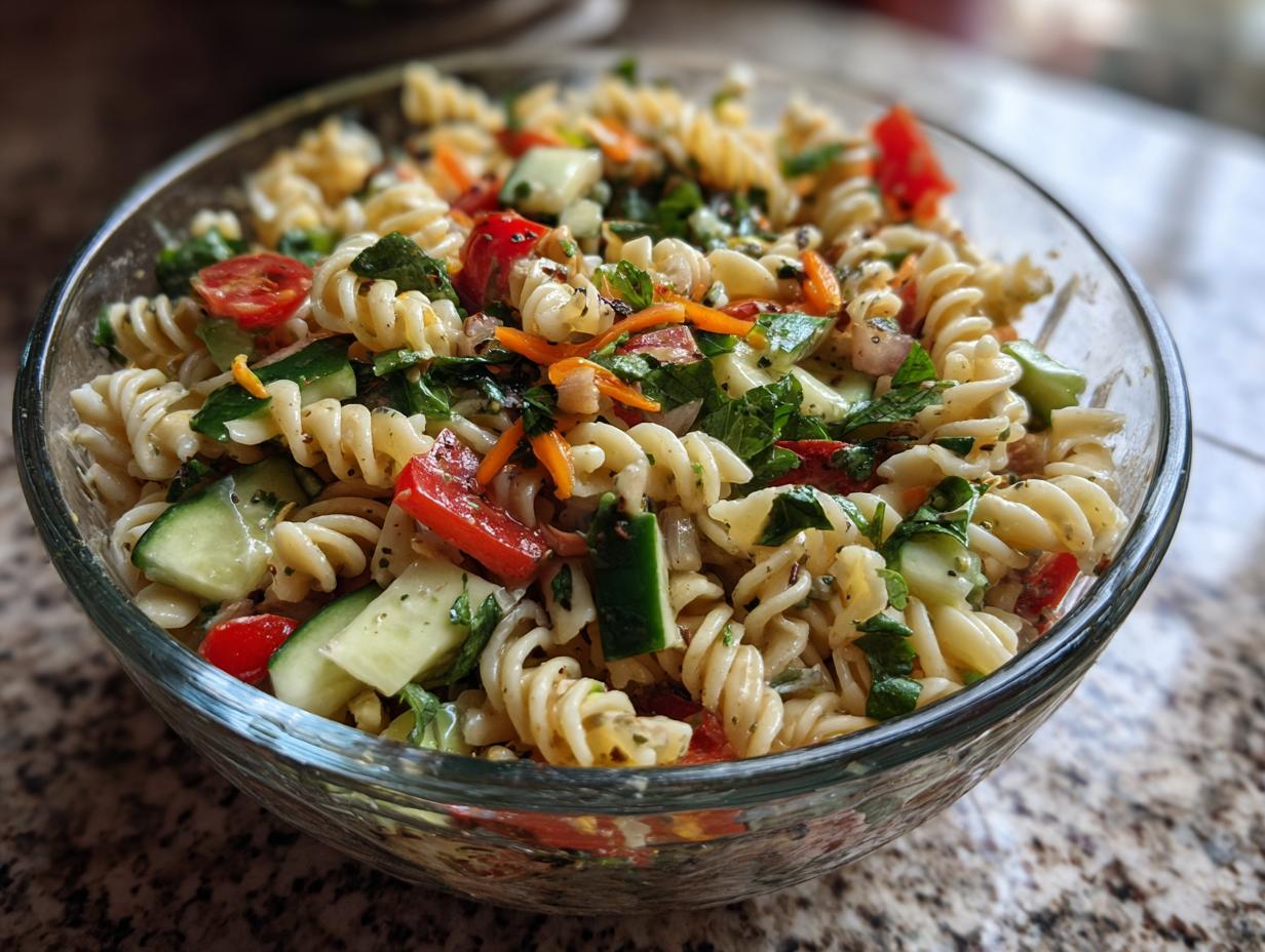 A vibrant bowl of Cold Pasta Salad with rotini pasta, cucumbers, tomatoes, carrots, and herbs.