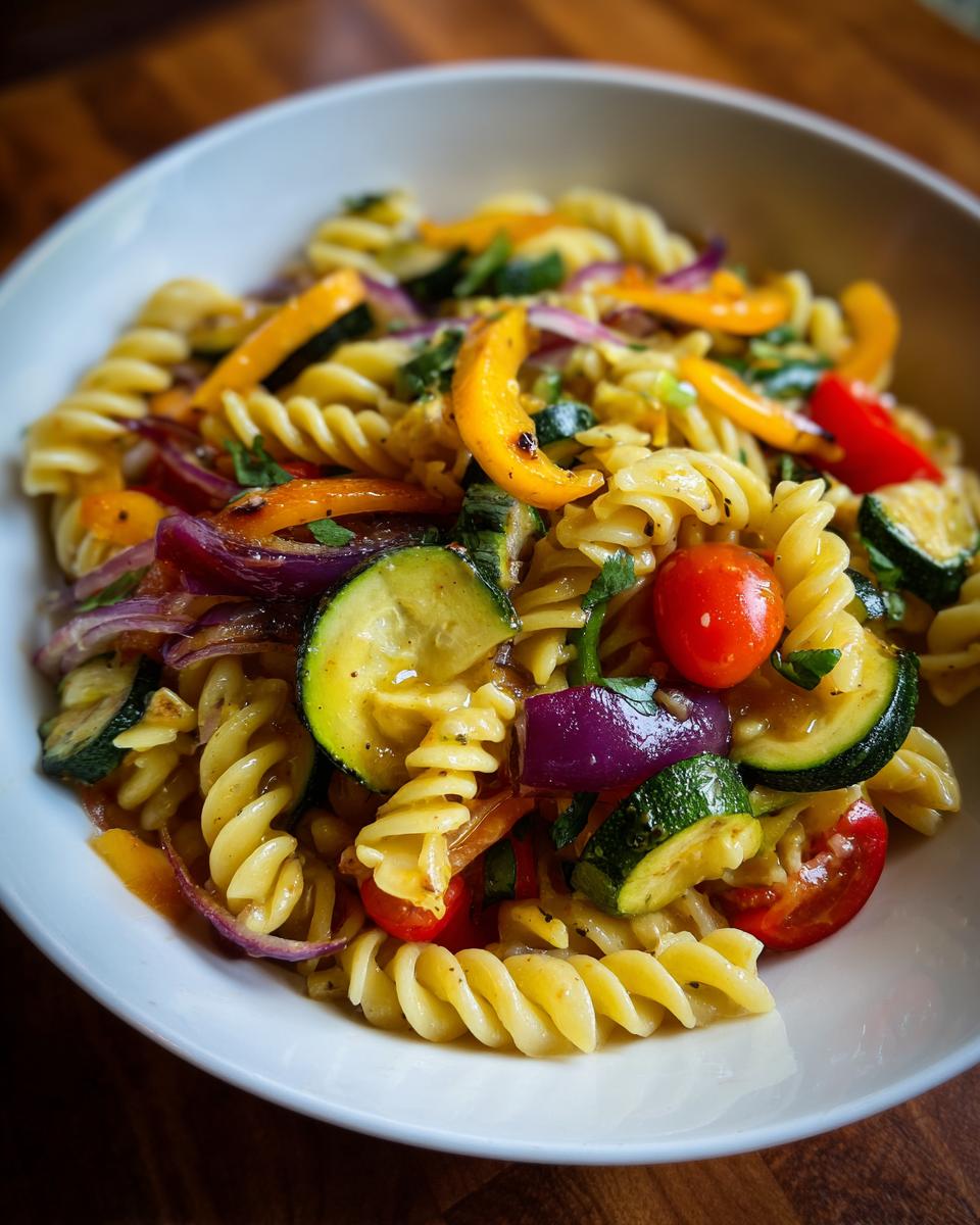 A vibrant bowl of Cold Pasta Salad with rotini pasta, zucchini, bell peppers, red onion, and cherry tomatoes.