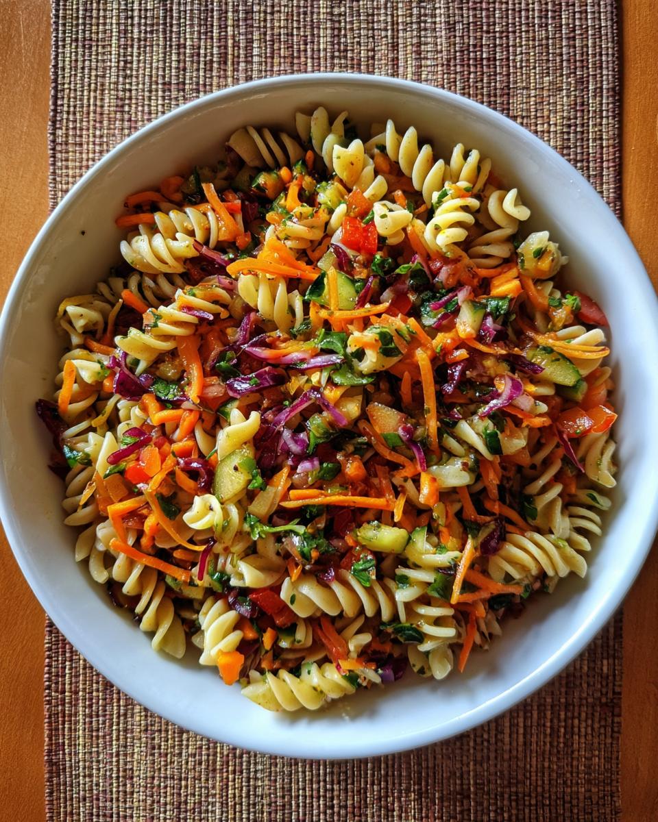 Overhead shot of a vibrant Cold Pasta Salad in a white bowl, featuring rotini pasta and colorful vegetables.