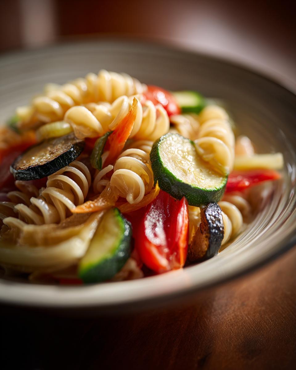 Close-up of a bowl of Cold Pasta Salad with spiral pasta, zucchini, tomatoes, and peppers.