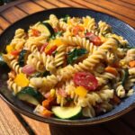 A vibrant bowl of Cold Pasta Salad with spiral pasta, zucchini, tomatoes, peppers, and a creamy dressing.