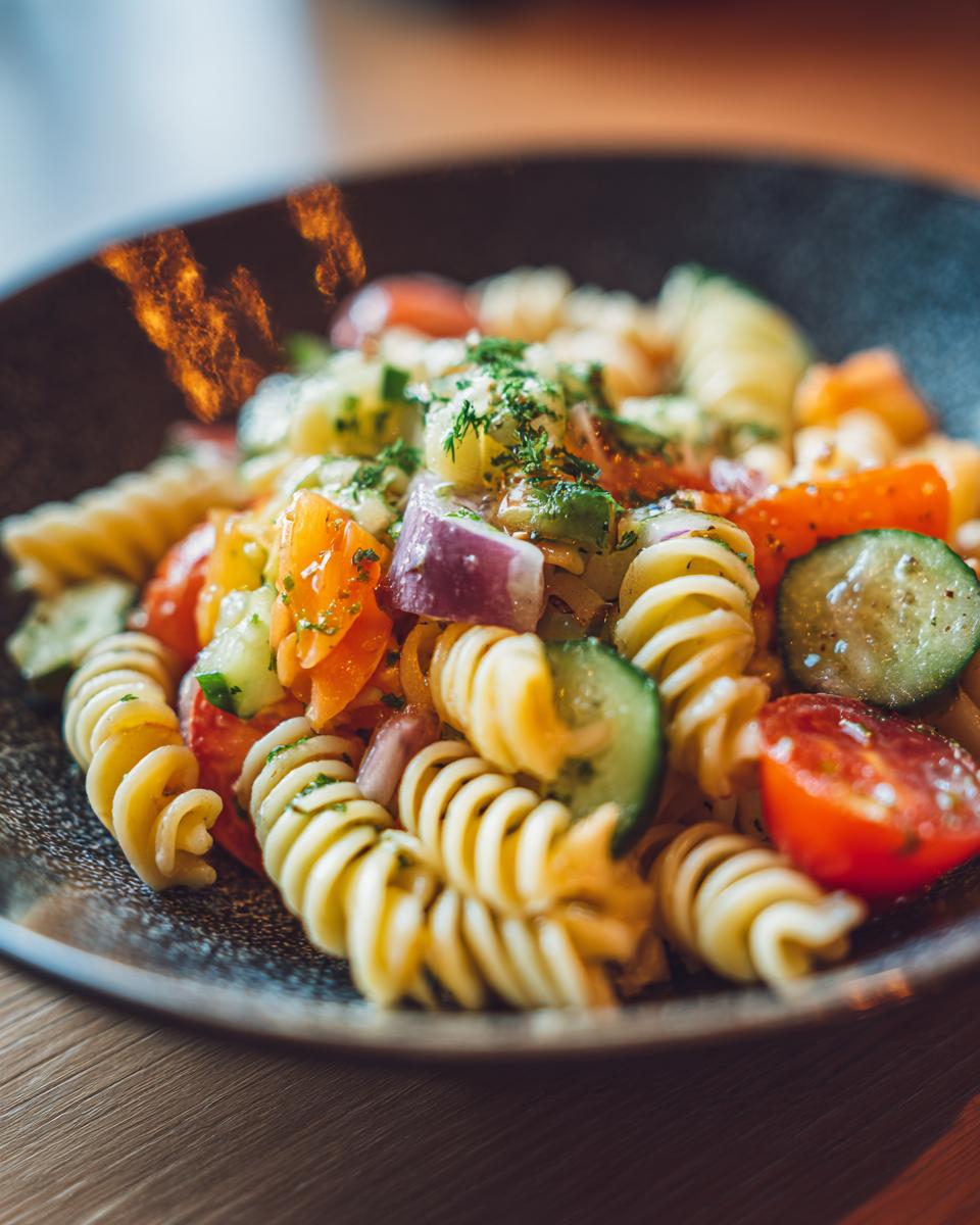 Close-up of a vibrant Cold Pasta Salad with rotini pasta, tomatoes, cucumbers, and herbs in a dark bowl.