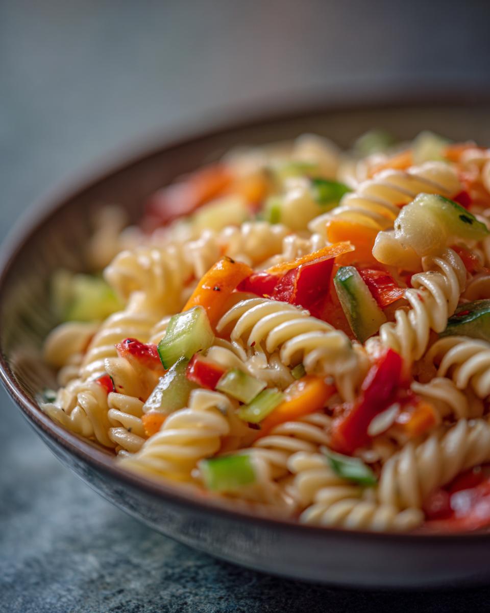 Close-up of a bowl of Cold Pasta Salad with spiral pasta, cucumbers, and bell peppers.