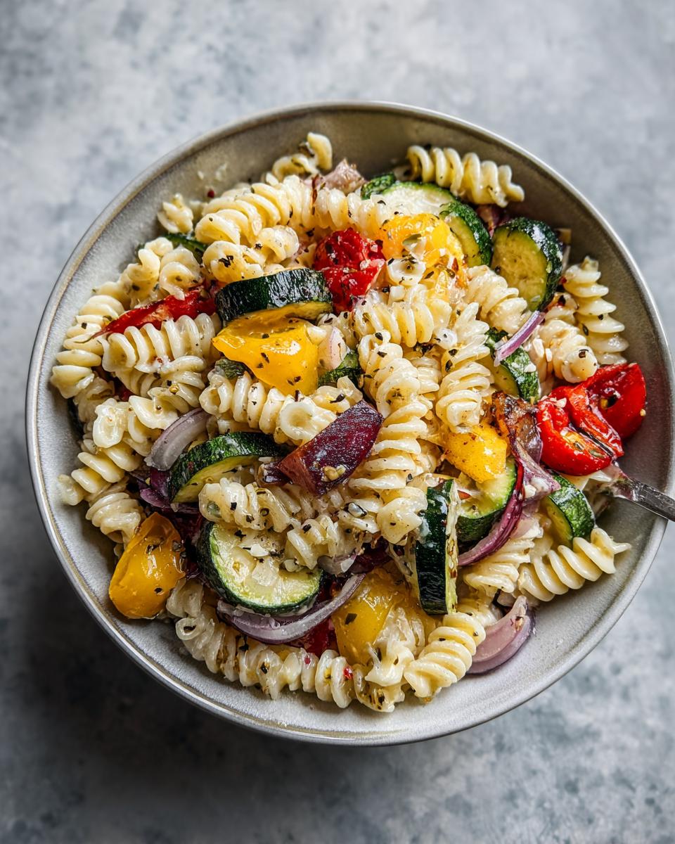 Overhead view of a bowl of Cold Pasta Salad with rotini pasta, zucchini, tomatoes, onions, and herbs.