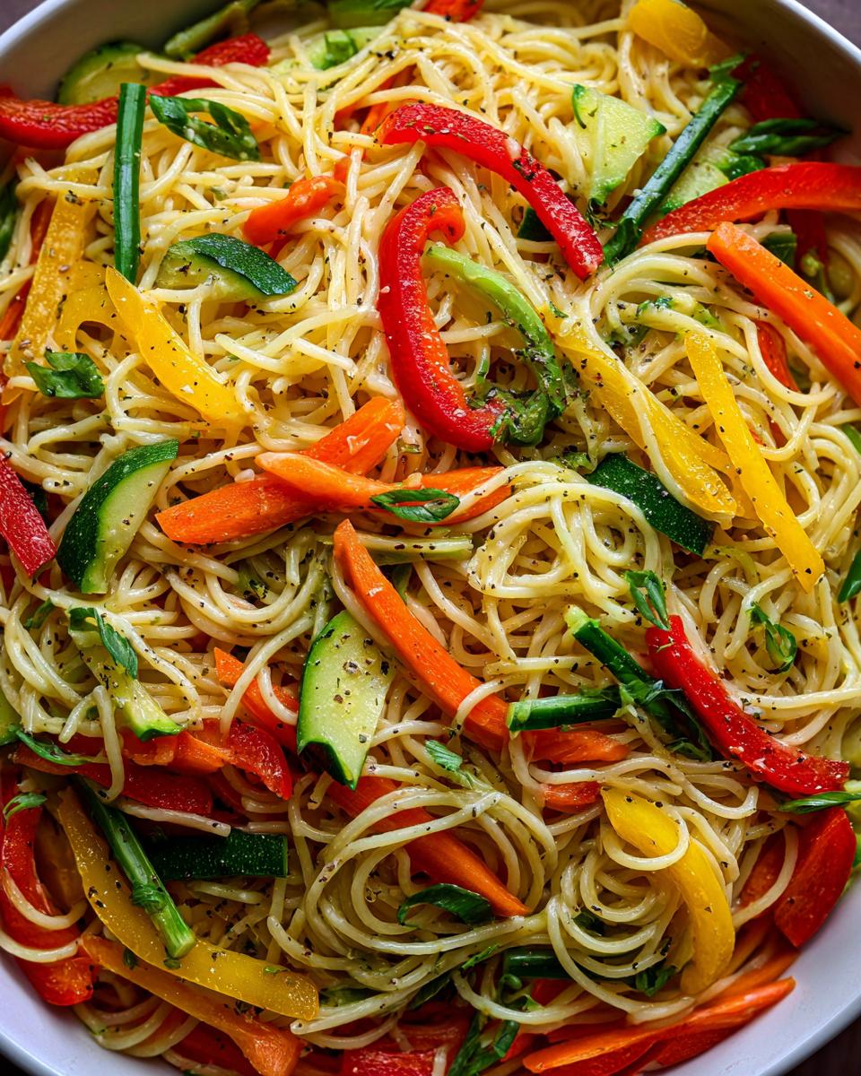 Overhead shot of vibrant Cold Pasta Salad with spaghetti, carrots, zucchini, and bell peppers.