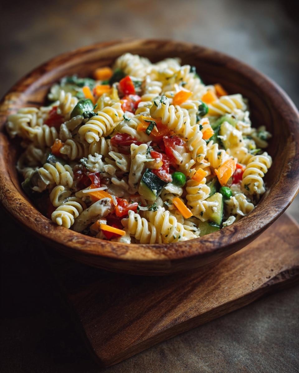 A wooden bowl filled with vibrant Cold Pasta Salad, featuring spiral pasta, colorful vegetables, and a creamy dressing.
