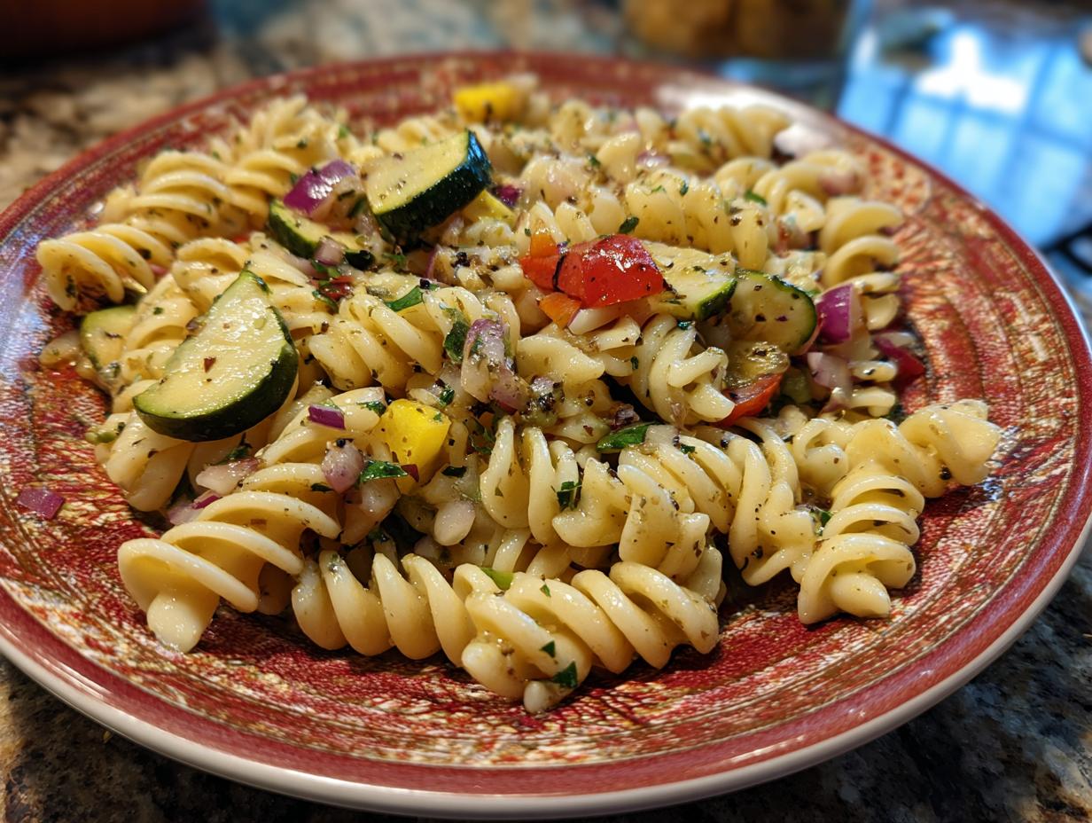 A vibrant Cold Pasta Salad featuring rotini pasta, zucchini, red onion, and colorful bell peppers.