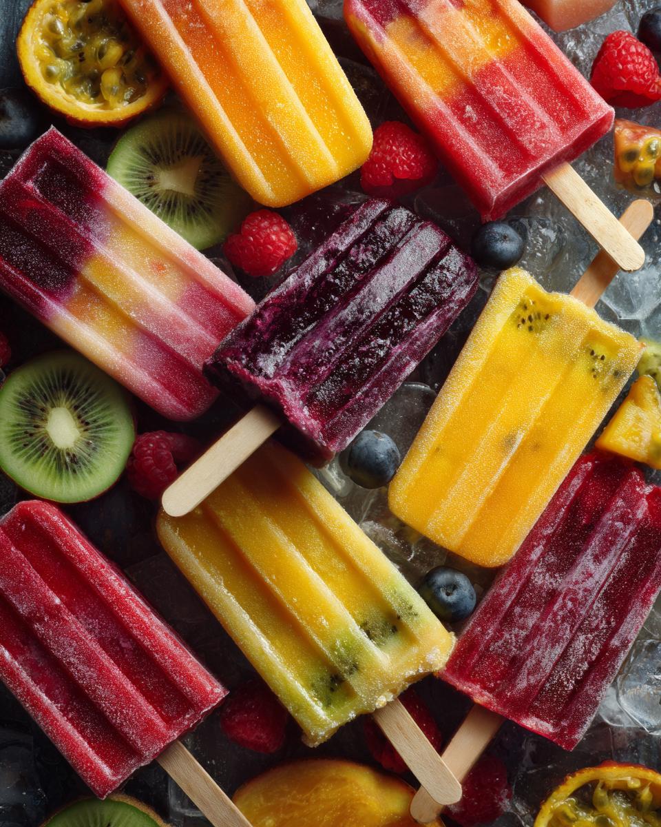An assortment of colorful homemade Fruit Popsicles with fresh fruit like kiwi, raspberries, and blueberries on ice.