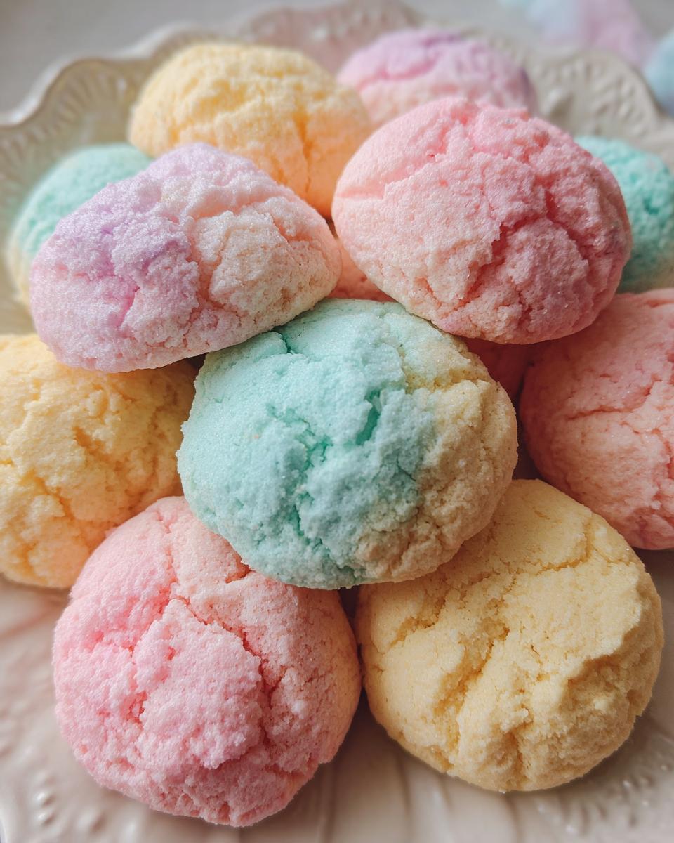 Pile of pastel-colored Lofthouse Cookies Soft Cookies on a white plate. Pink, yellow, blue, and peach cookies.