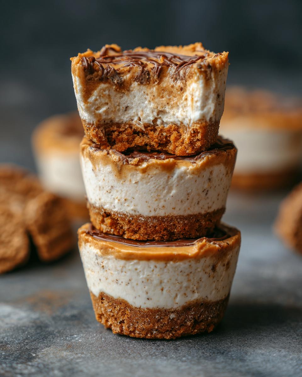 A stack of three no-bake Cookie Butter Cheesecake Cups, one with a bite taken out, showing the layers of crust, filling, and topping.