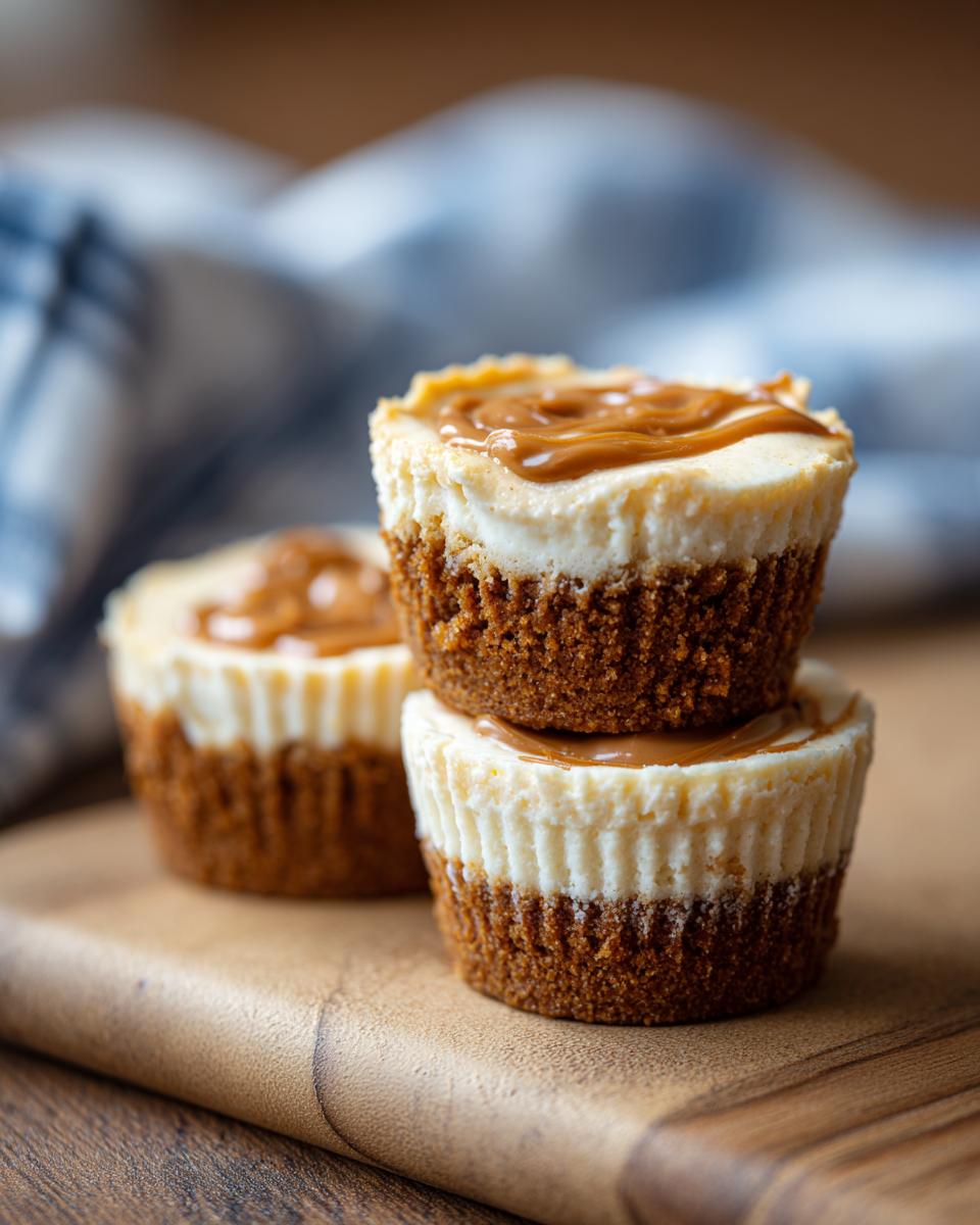 A stack of three irresistible no-bake cookie butter cheesecake cups on a wooden board.
