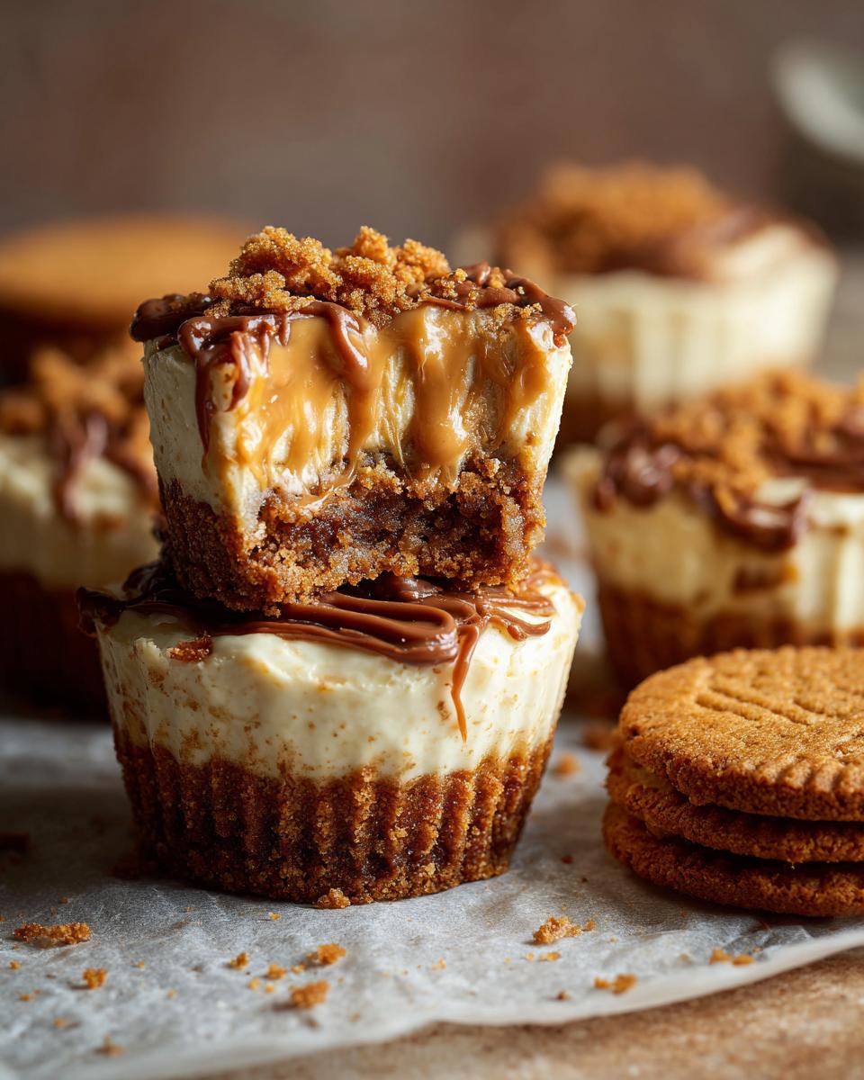 Two Irresistible No-Bake Cookie Butter Cheesecake Cups stacked, one with a bite taken, revealing the filling.