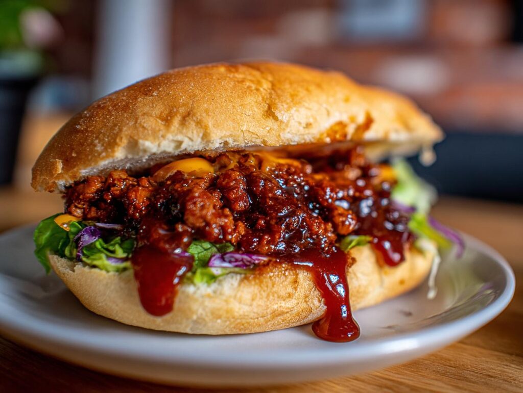 Close-up of a Copycat Big Mac Sloppy Joes sandwich on a bun with lettuce and special sauce.