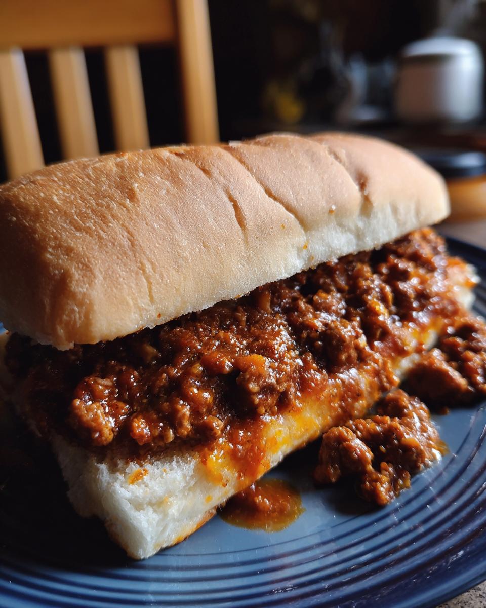 A delicious Copycat Big Mac Sloppy Joes sandwich on a bun, served on a blue plate.