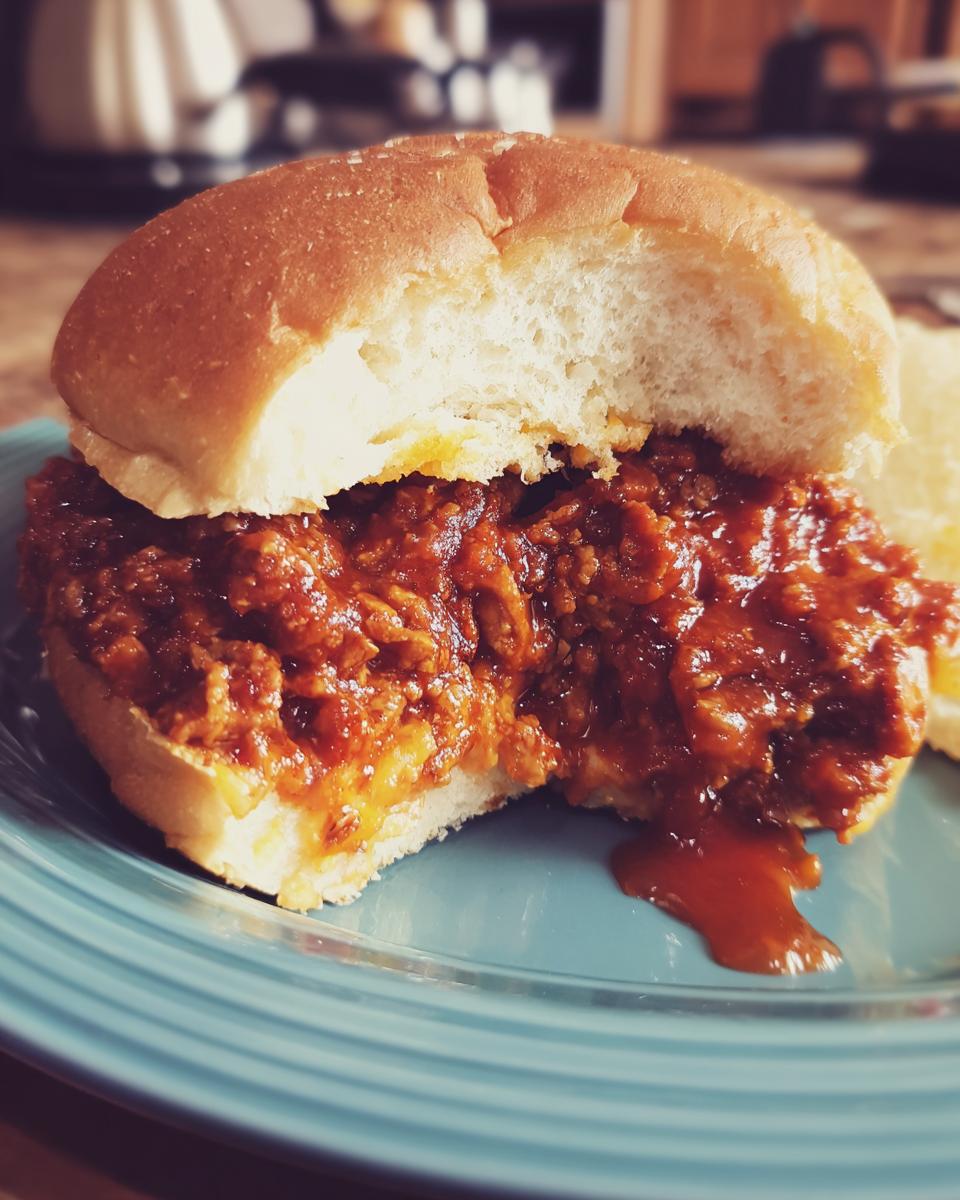 A partly eaten Copycat Big Mac Sloppy Joes sandwich on a blue plate, showcasing the juicy filling.