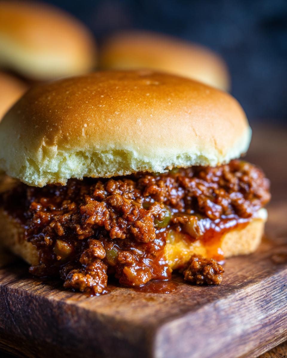 A close-up of a Copycat Big Mac Sloppy Joes sandwich on a bun, overflowing with savory meat filling.