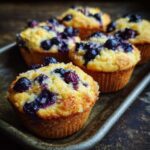 Freshly baked Ultra-Moist Cottage Cheese Blueberry Muffins on a tray, topped with blueberries and sugar.
