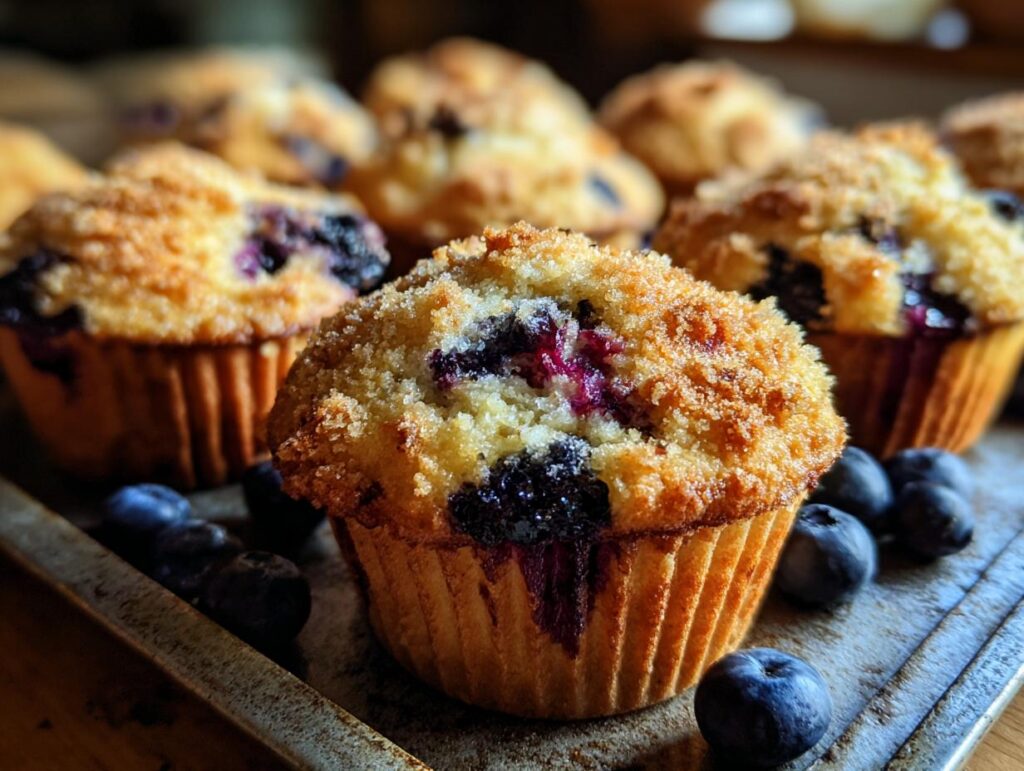Close-up of Ultra-Moist Cottage Cheese Blueberry Muffins with a golden crumb topping and fresh blueberries.