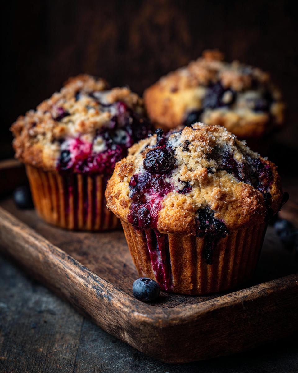Three Ultra-Moist Cottage Cheese Blueberry Muffins with streusel topping on a rustic wooden board.