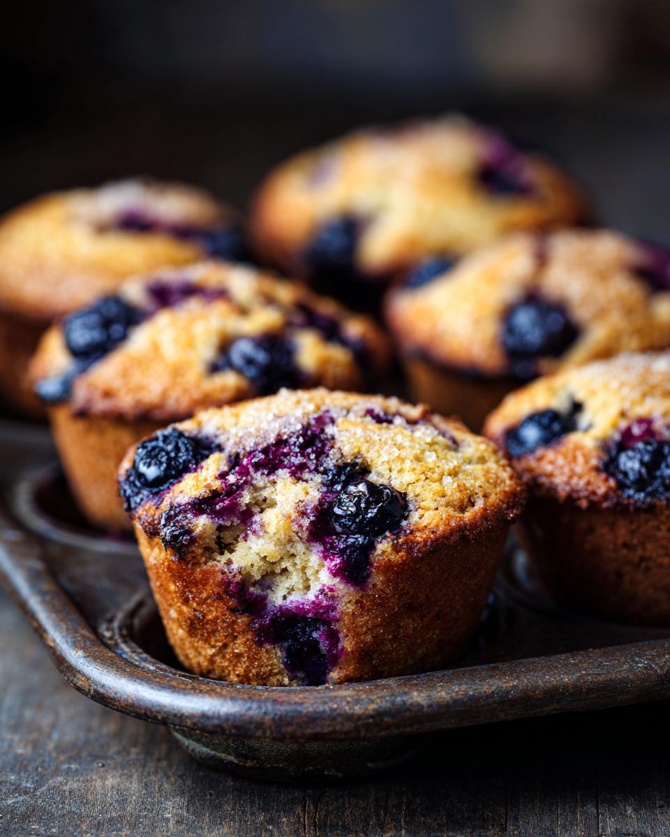 A batch of freshly baked Ultra-Moist Cottage Cheese Blueberry Muffins in a muffin tin, topped with blueberries and sugar.