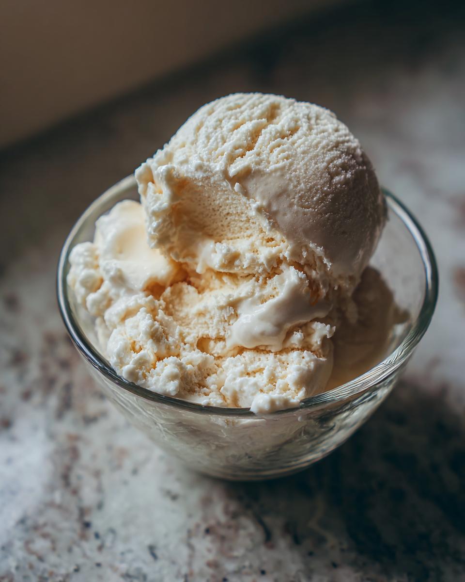 A bowl of Cottage Cheese Ice Cream, a healthy frozen treat, with a creamy texture and light color.