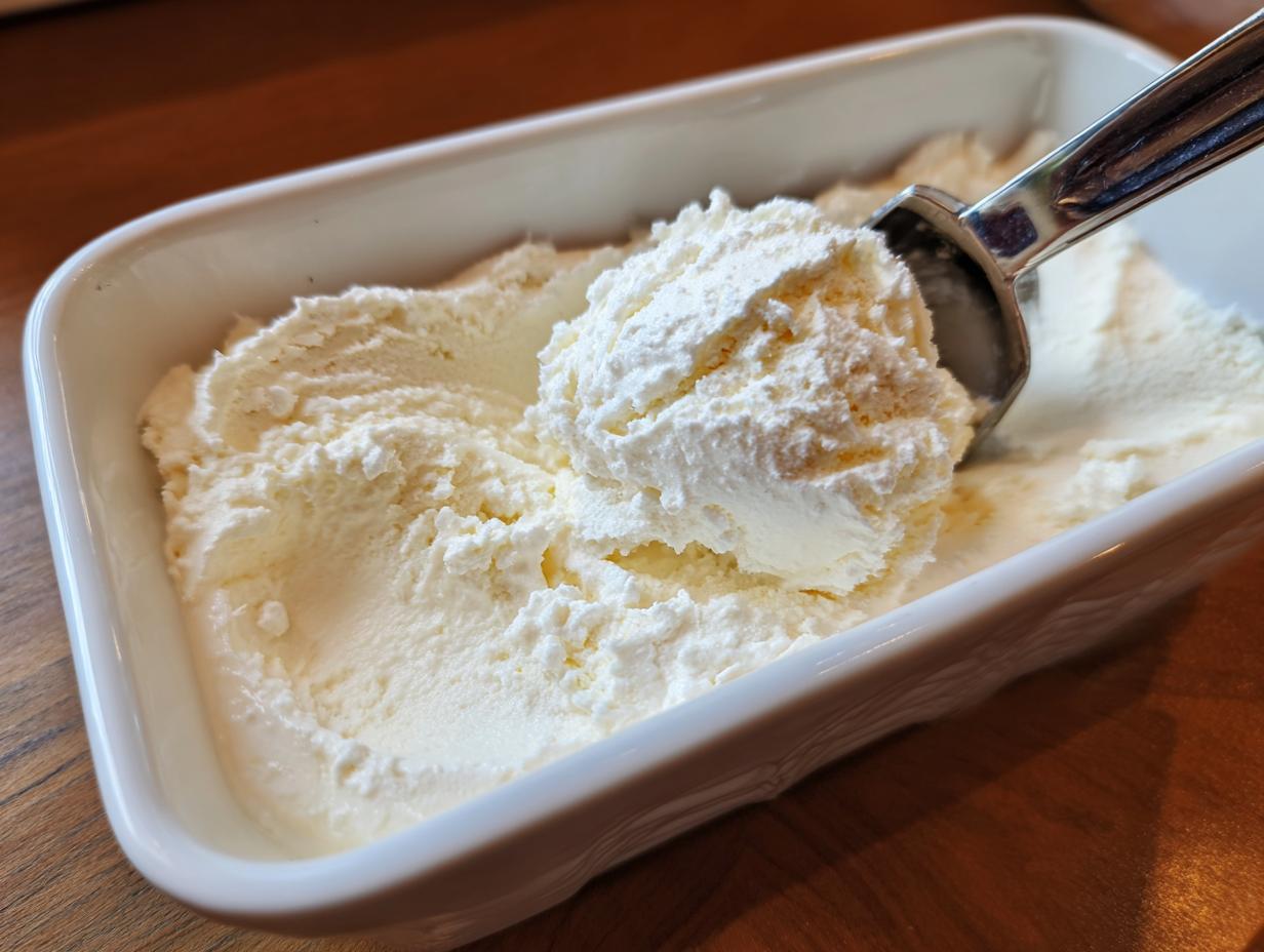 Scoop of Cottage Cheese Ice Cream Healthy Frozen Treat in a white dish with an ice cream scoop.