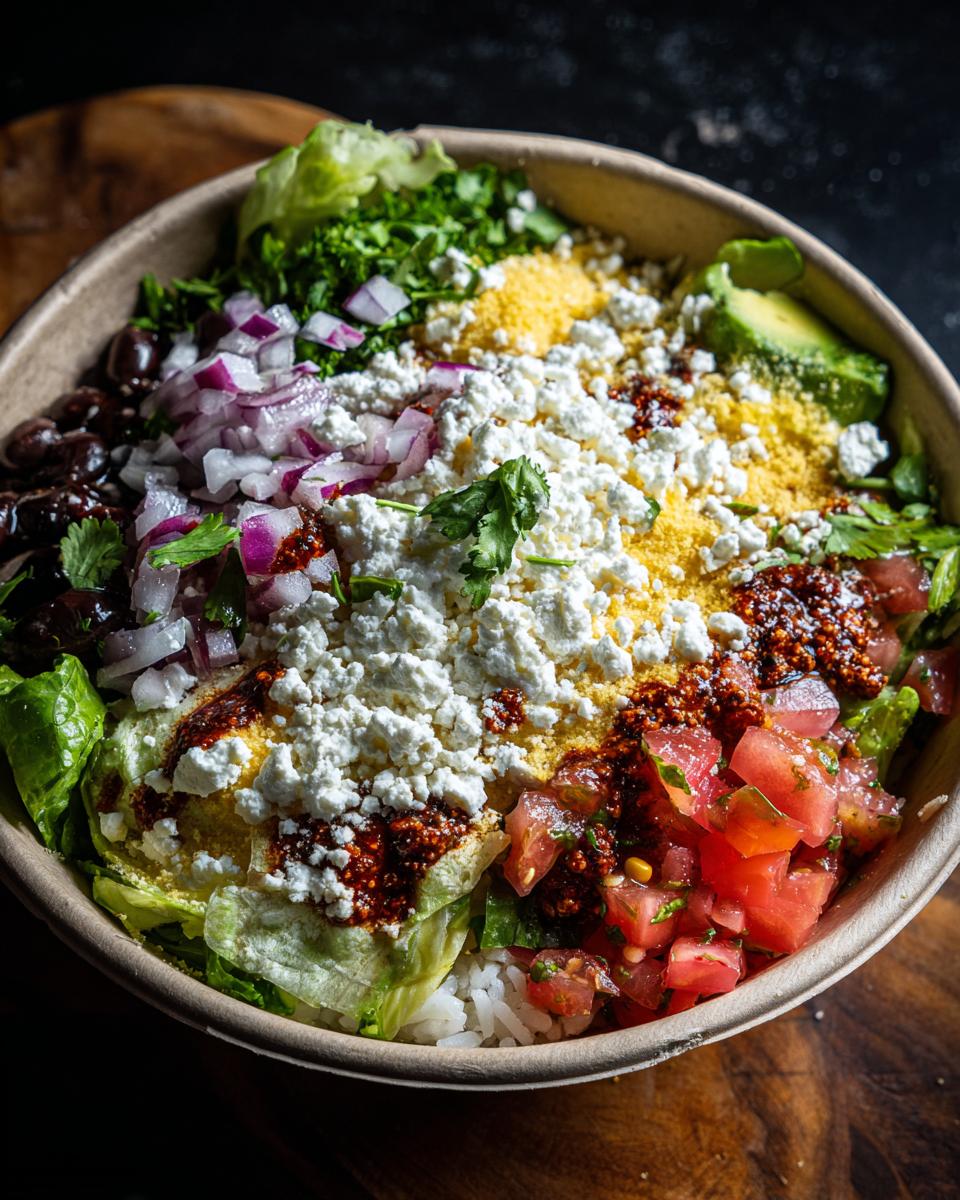 Overhead view of a colorful Cottage Cheese Taco Bowl with rice, lettuce, beans, avocado, and fresh toppings.