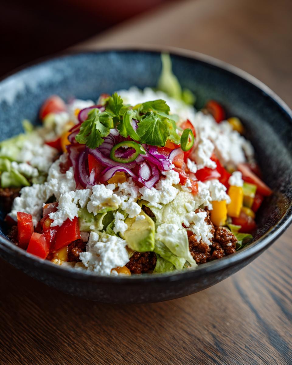 A vibrant Cottage Cheese Taco Bowl with ground beef, lettuce, tomatoes, avocado, and red onions.