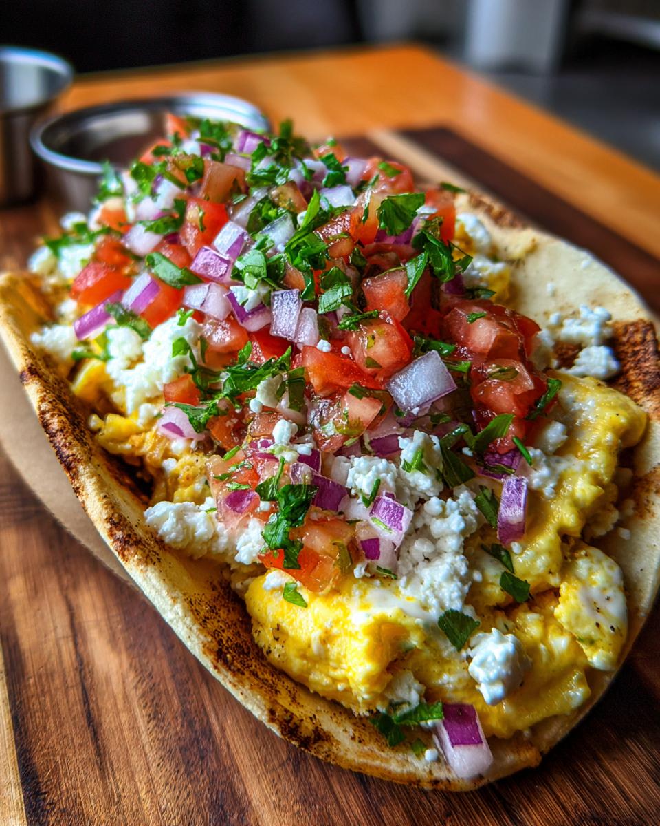 A vibrant Cottage Cheese Taco Bowl with scrambled eggs, salsa, and fresh herbs on a wooden board.