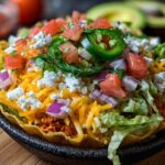 A vibrant Cottage Cheese Taco Bowl filled with lettuce, cheese, tomatoes, red onion, and jalapenos.